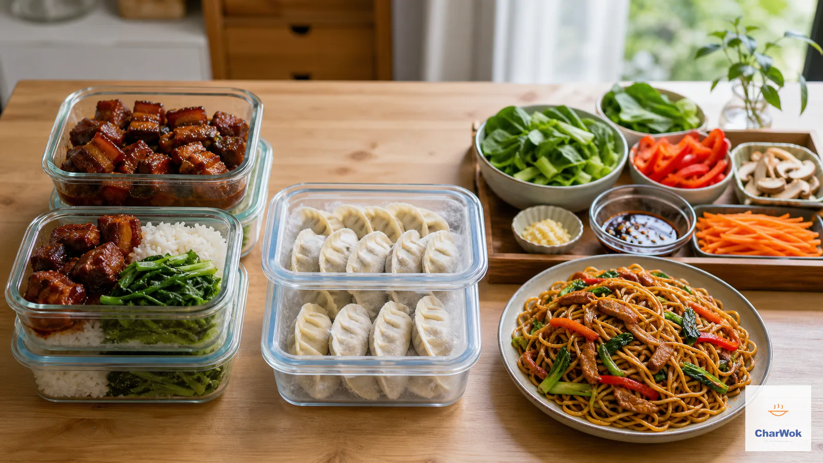 A make-ahead Chinese meal-prep spread with braised pork, rice, greens, frozen dumplings, chopped vegetables and noodles in separate containers