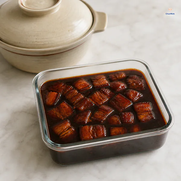 Glossy red-braised pork belly stays completely submerged in dark soy braising sauce inside a shallow clear storage container beside a covered clay pot