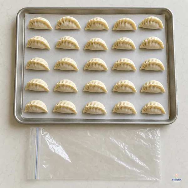 Raw pleated Chinese dumplings sit apart in one layer on a parchment-lined tray with an empty clear freezer bag waiting below