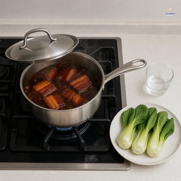 Red-braised pork reheats gently under a partly closed lid over a low flame while a little water and fresh raw bok choy remain beside the stove