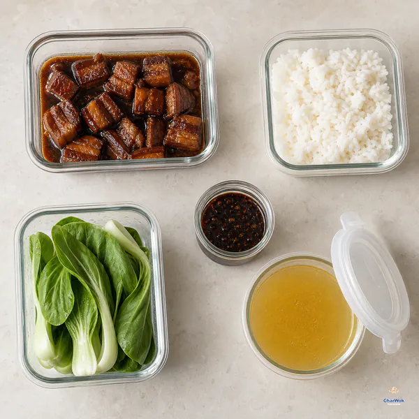 Braised pork in sauce, cold cooked rice, raw bok choy, dark noodle sauce and golden chicken stock sit in five separate clear containers