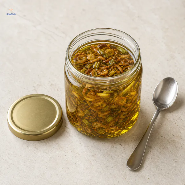 A clean dry glass jar holds clear golden scallion oil with fried shallot and scallion pieces beside a plain lid and a dry spoon