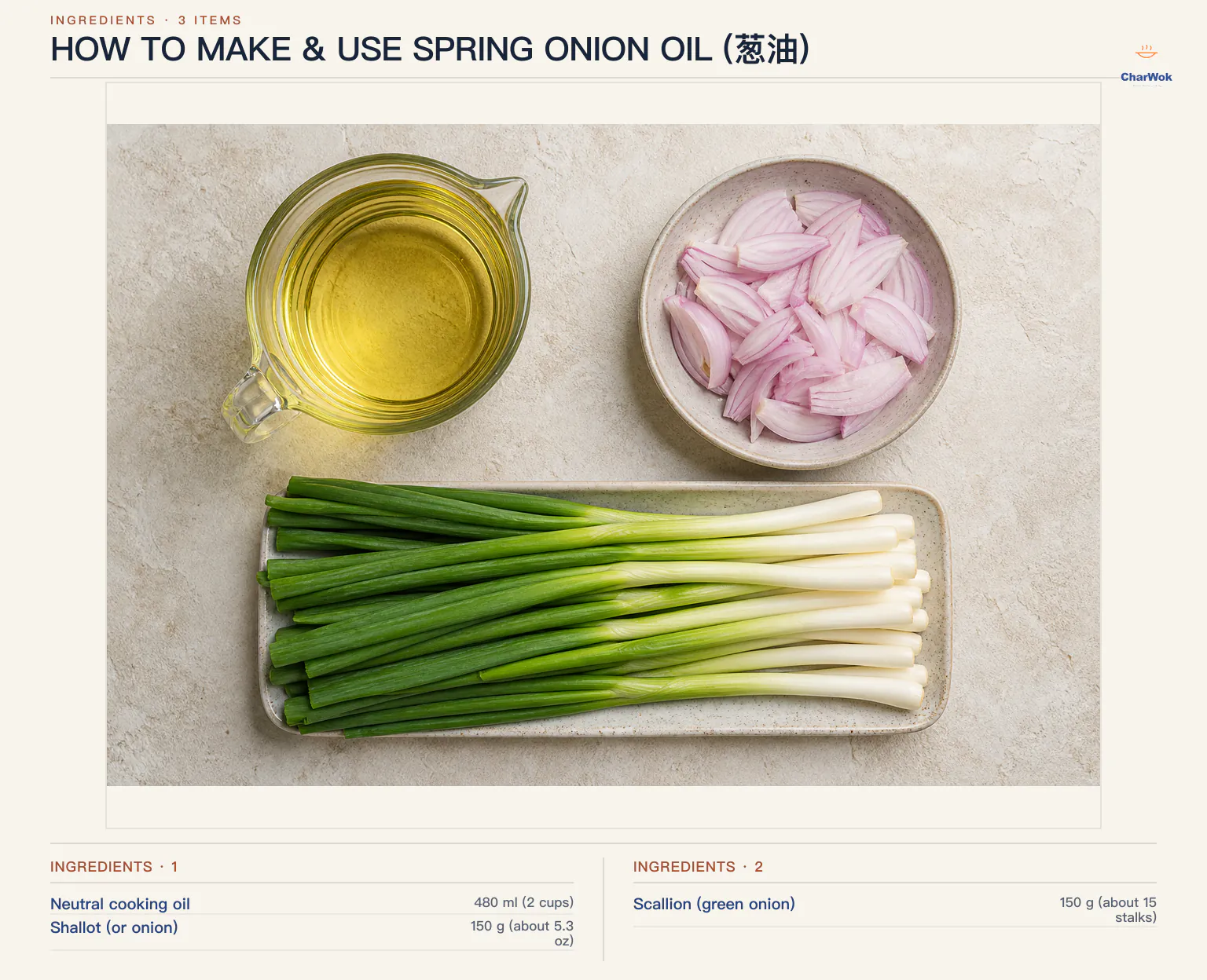 Ingredients for How to make & use spring onion oil (葱油), arranged in a top-down flat lay