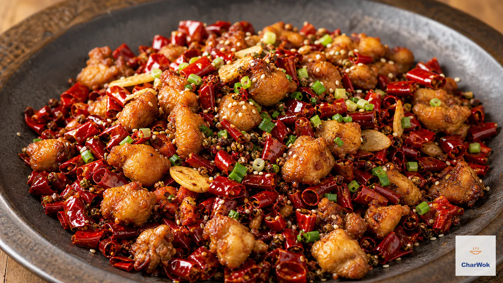 Deep-golden chicken pieces tossed with abundant glossy red dried chilies, Sichuan peppercorns, ginger, garlic, sesame and chopped scallion on a dark serving platter