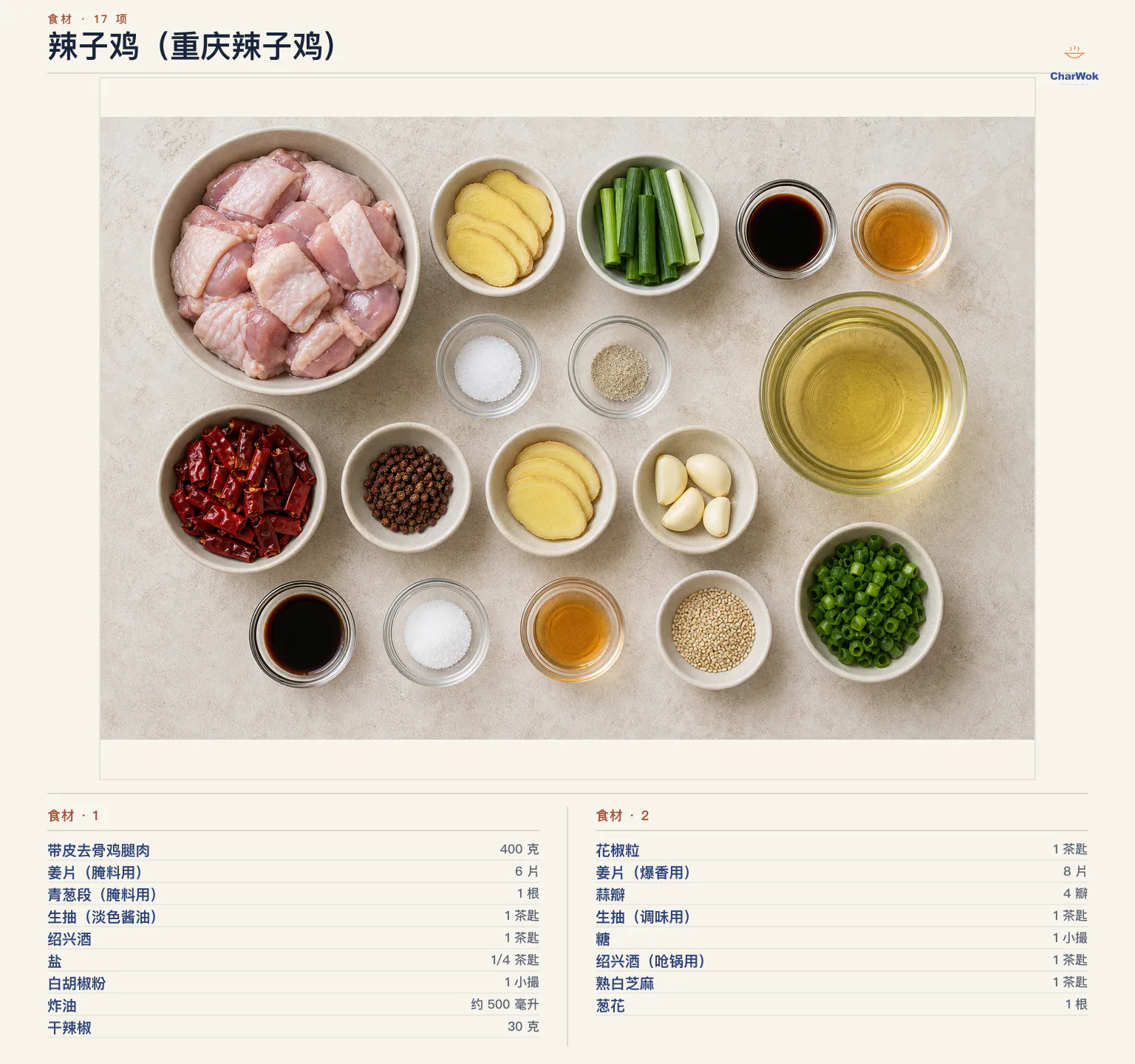 辣子鸡（重庆辣子鸡）完整食材俯拍平铺图