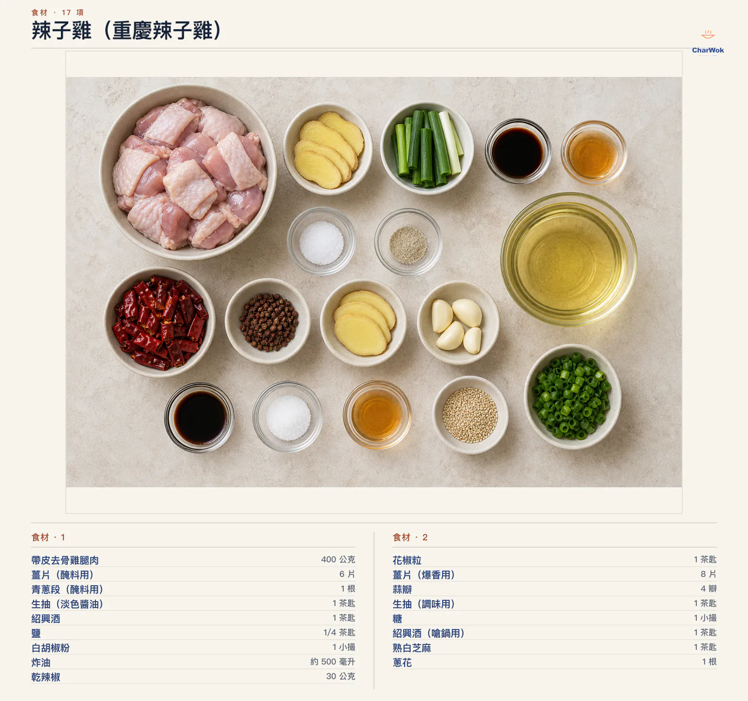 辣子雞（重慶辣子雞）完整食材俯拍平鋪圖
