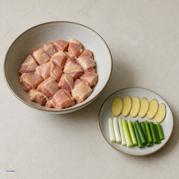 A bowl of raw skin-on chicken thigh cut into 2 centimetre pieces sits beside exactly six removed ginger slices and scallion segments
