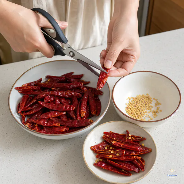 Hands split dried red chilies lengthwise over a bowl while the loosened seeds collect separately beside the clean chili halves