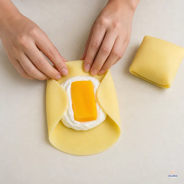 Hands fold the four sides of a pale crepe around whipped cream and one thick mango slab while a finished pillow rests seam-side down
