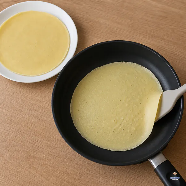 A pale thin crepe with a matte surface and tiny pinholes has one edge lifted by a spatula while an earlier crepe rests smooth-side down