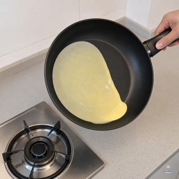 A 20 centimetre nonstick pan is held off a low gas flame and tilted so liquid batter flows into a thin round