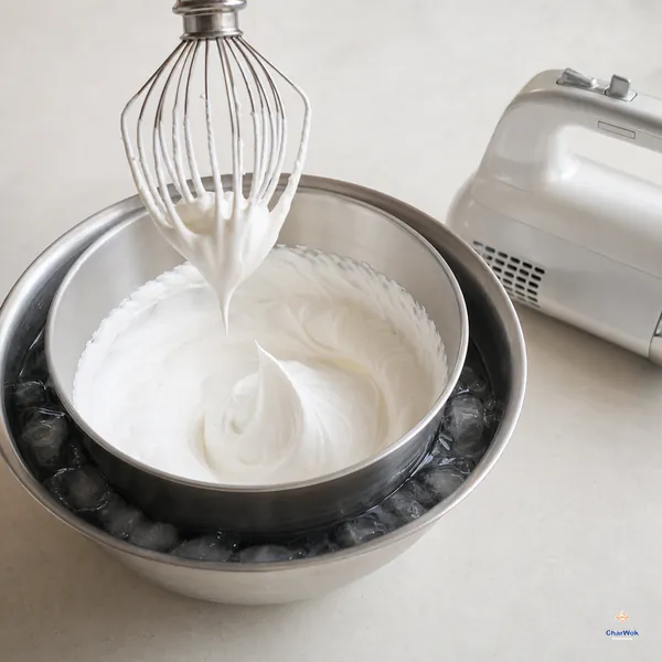 Cold whipped cream forms a stable stiff peak in a metal bowl nested in an ice bath
