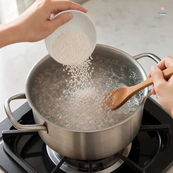 Tiny dry white tapioca pearls pour into a wide pot of vigorously boiling clear water while a wooden spoon stirs