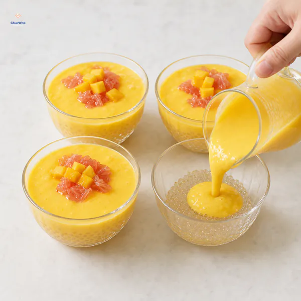 Golden mango puree pours over tiny transparent pearls in one of exactly four glass bowls, while the other bowls carry mango cubes and pink grapefruit