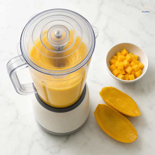 A covered blender makes smooth golden mango puree while a separate small bowl holds the reserved neat mango cubes