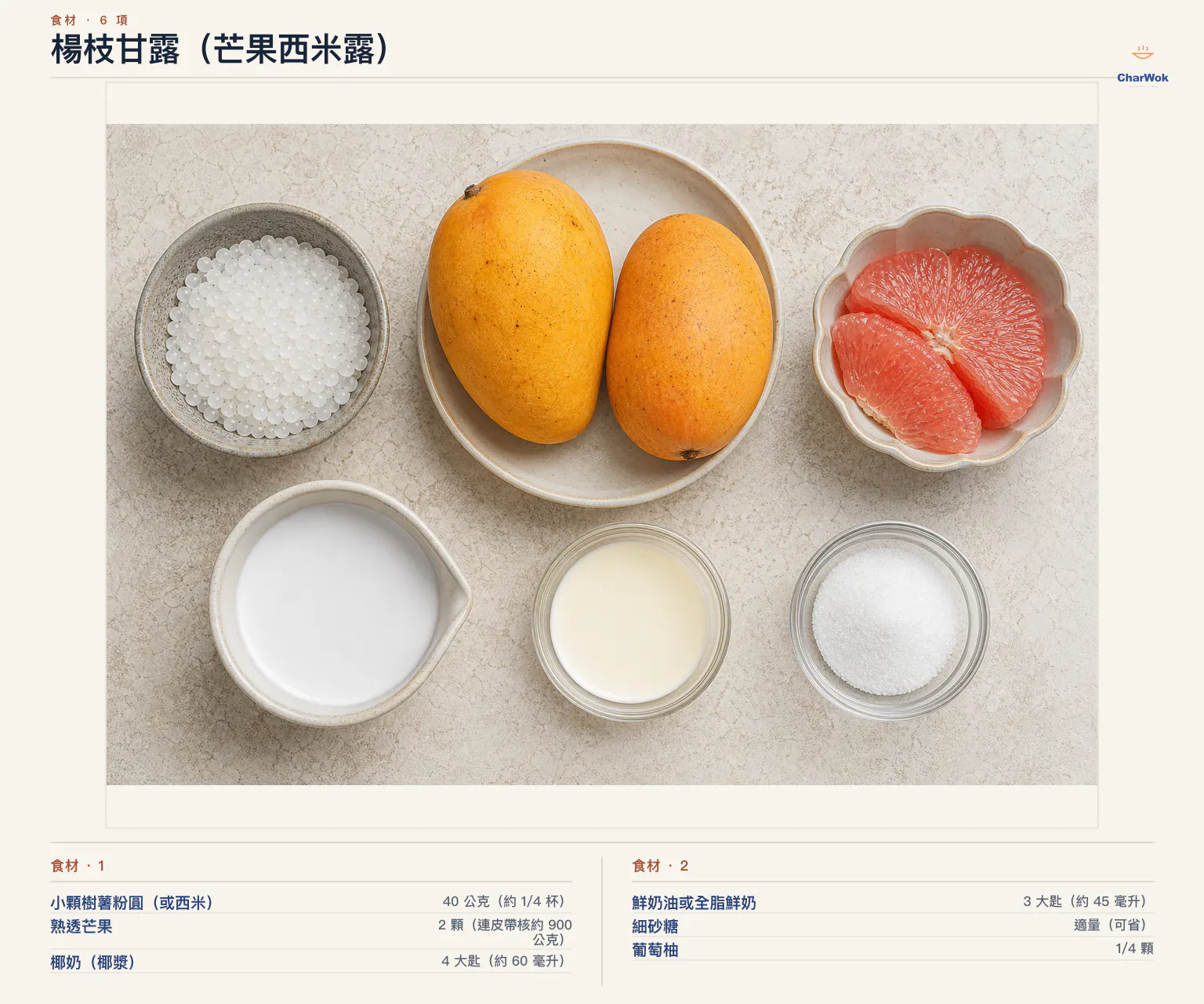 楊枝甘露(芒果西米露)完整食材俯拍平鋪圖