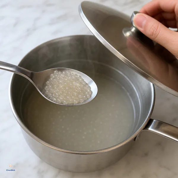 A spoon lifts many tiny translucent tapioca pearls with faint white pinpoints while a lid is held above the off-heat pot
