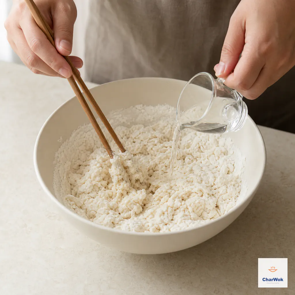A thin stream of clear lukewarm water pours into the flour mixture while wooden chopsticks stir it into irregular shaggy flakes