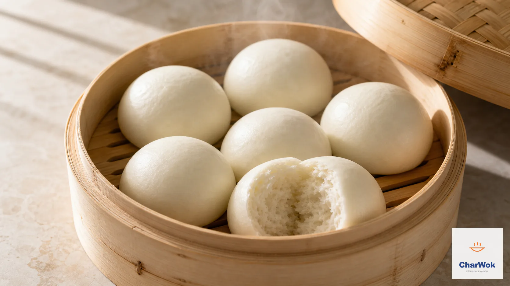 Six smooth plain round Chinese mantou steamed buns in a bamboo steamer, with one bun torn open to show its soft, fine, unfilled crumb