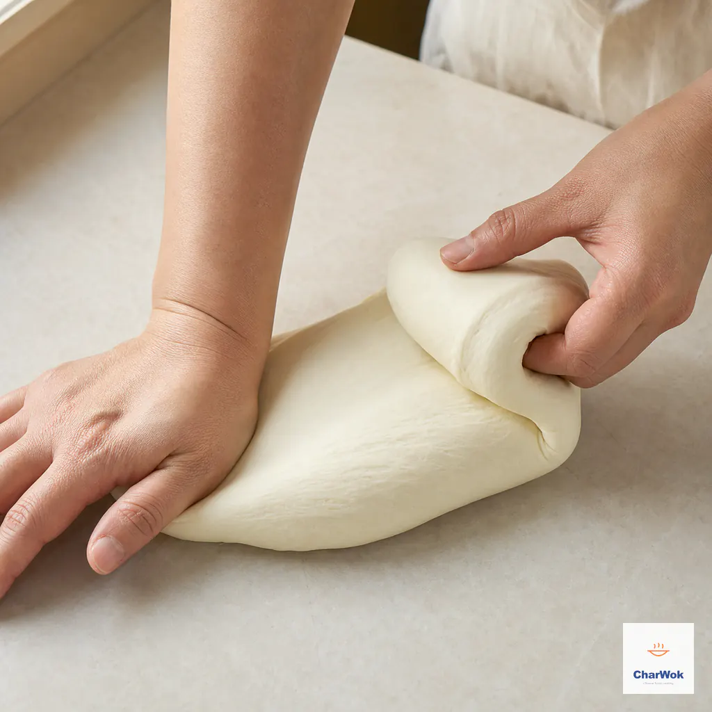 Two hands use a push-and-fold motion to knead one pale mantou dough mass on an unfloured stone worktop
