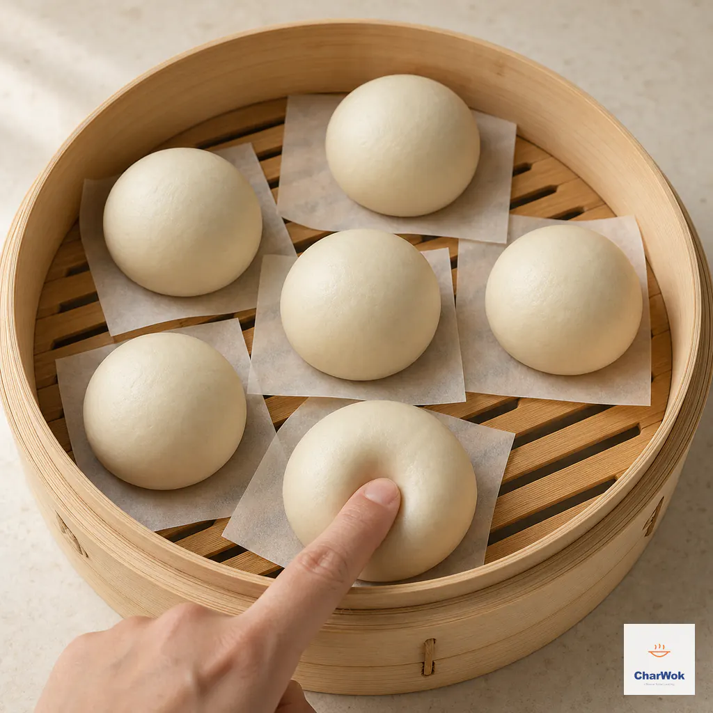 A fingertip gently presses one of six evenly spaced proofed mantou buns in an open bamboo steamer to test its slow rebound