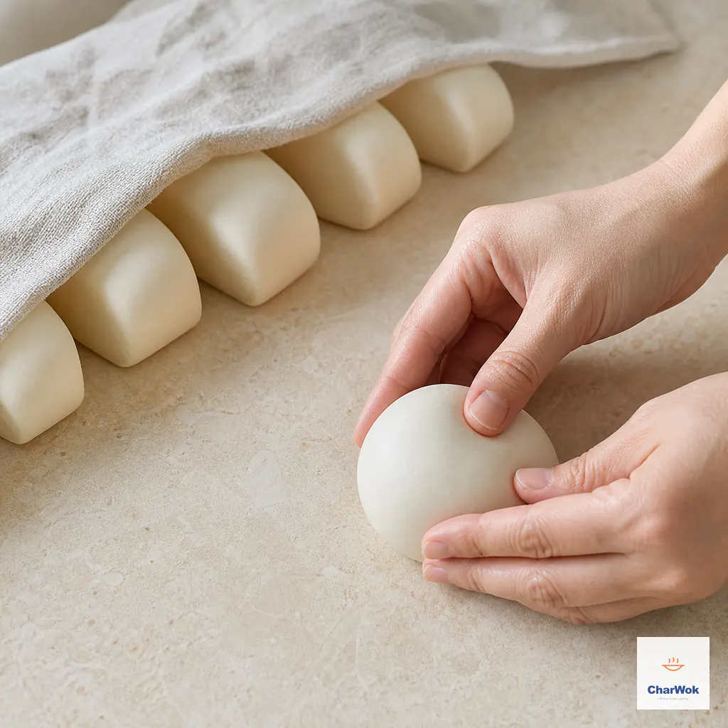 Hands cup and rotate one smooth round mantou bun while five equal dough pieces stay covered by a damp cloth