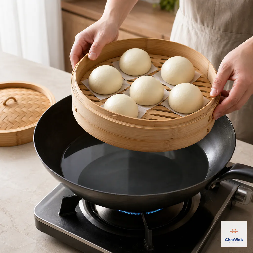 Hands lower a bamboo steamer of six proofed mantou buns over still cold water in a carbon-steel wok as a blue gas flame starts below