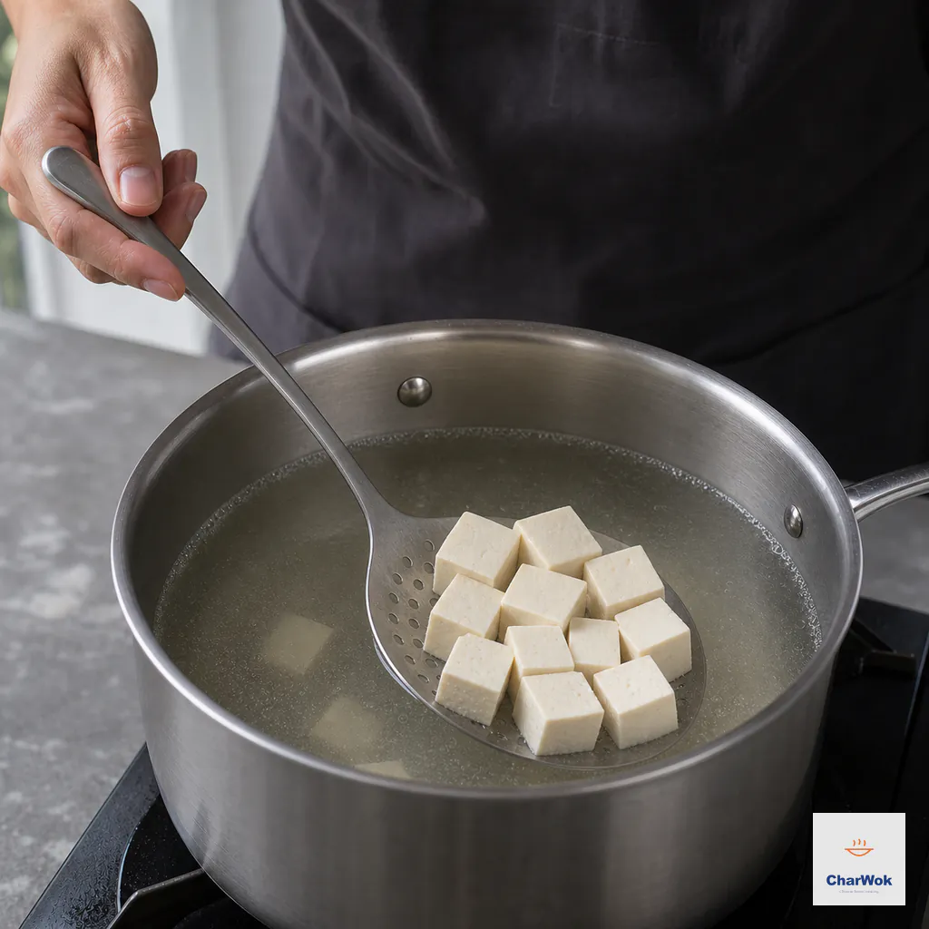 Soft tofu cubes on a slotted spoon are lowered into gently simmering salted water