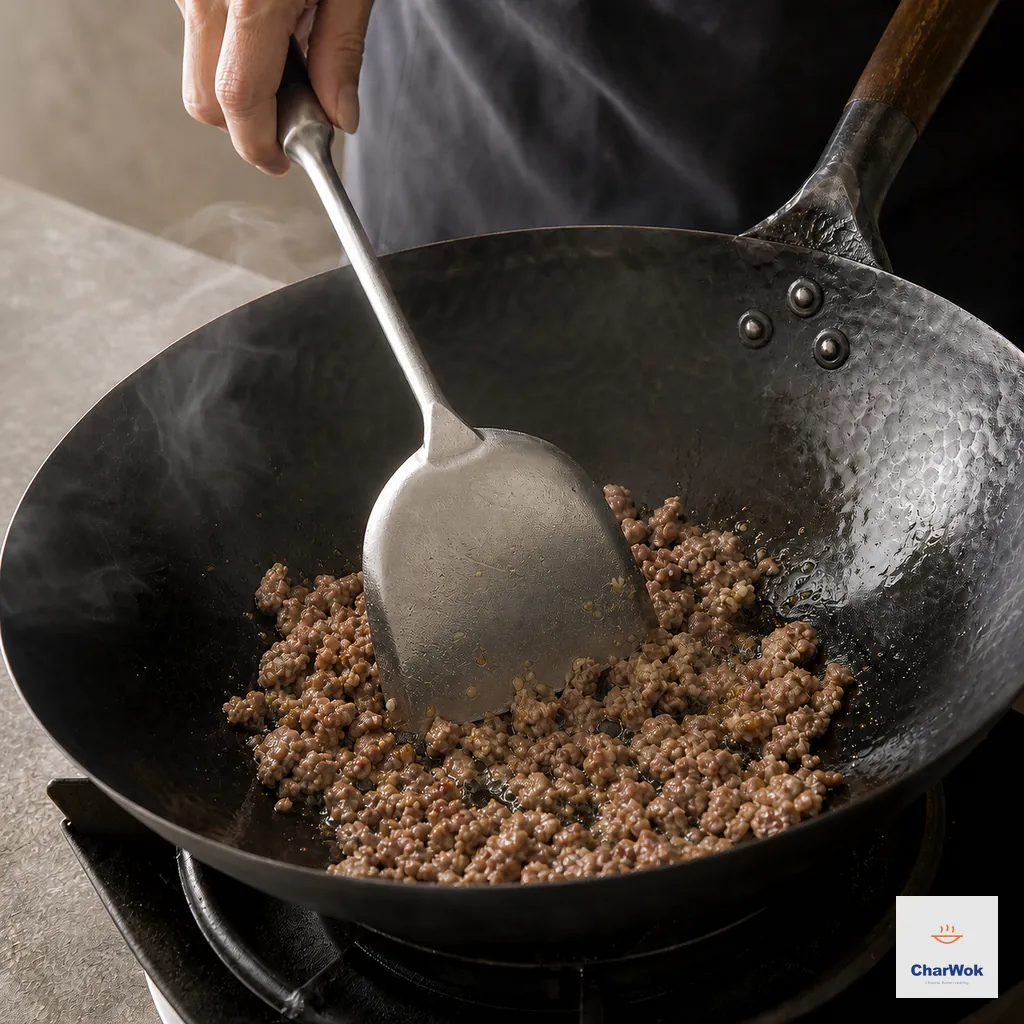 Finely minced beef and ginger are browned into loose crumbles in a hot carbon-steel wok