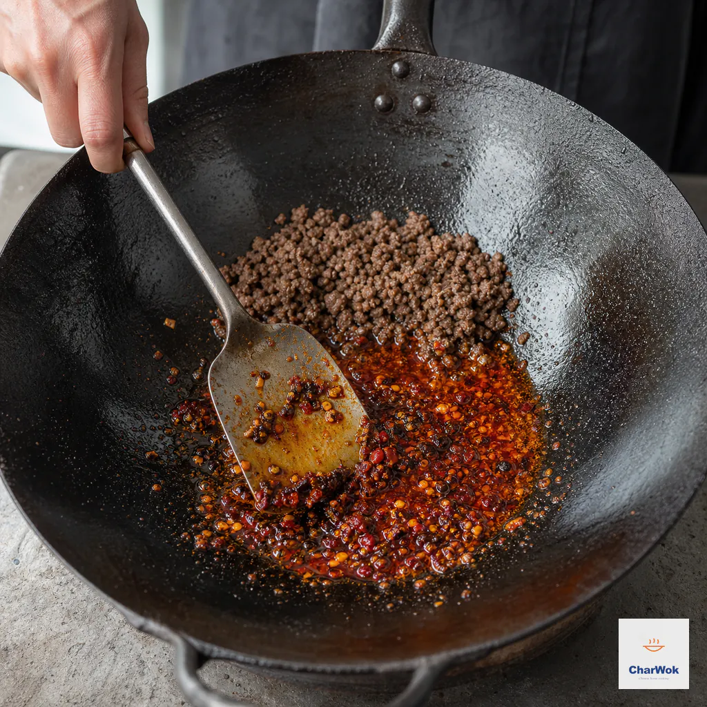 Doubanjiang, fermented black beans, dried chile, and garlic fry beside browned beef as brick-red oil separates