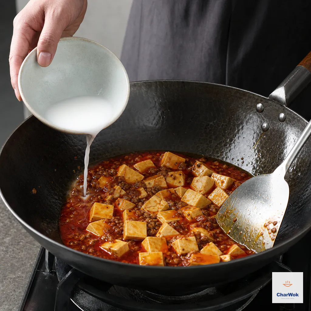 Cornstarch slurry is poured into simmering mapo tofu while the red sauce remains fluid and the tofu stays intact