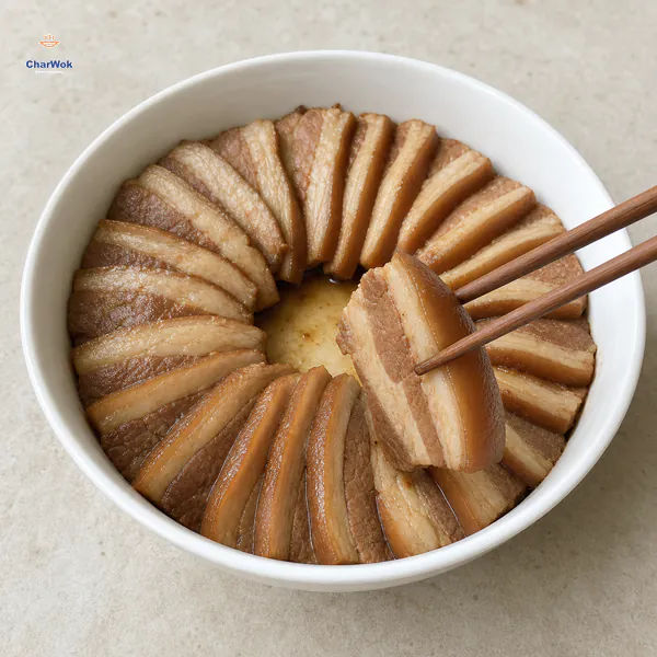 Marinated pork belly slices overlap in a tight ring inside a deep white bowl while chopsticks place the last slice with its skin edge toward the bowl