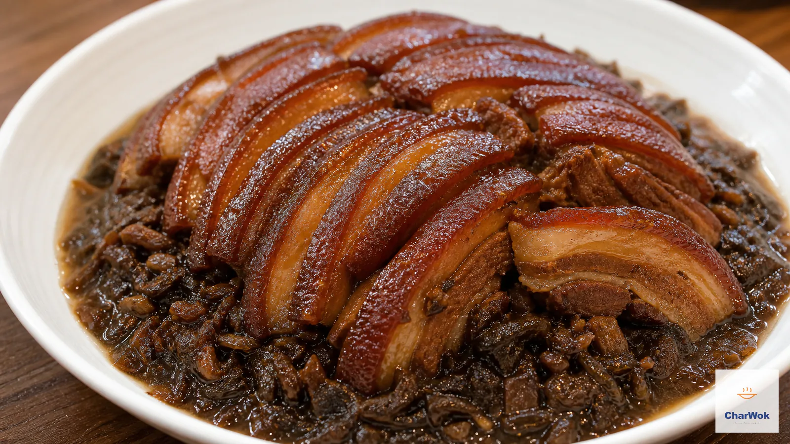 Glossy mahogany pork belly slices arranged over dark braised preserved mustard greens on a white serving platter