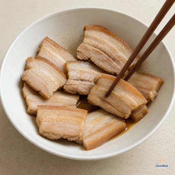 Even skin-on pork belly slices are turned with chopsticks in a white bowl with only a shallow pool of soy-based marinade