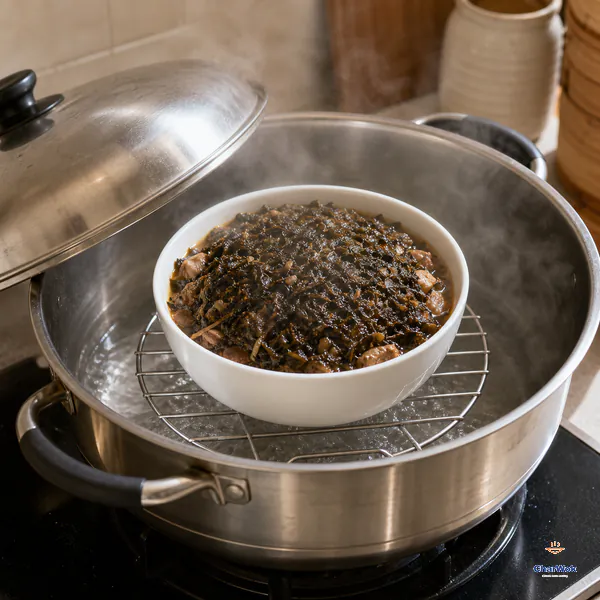 A deep bowl topped with dark braised preserved mustard greens sits above simmering water on a raised rack inside a steaming pot