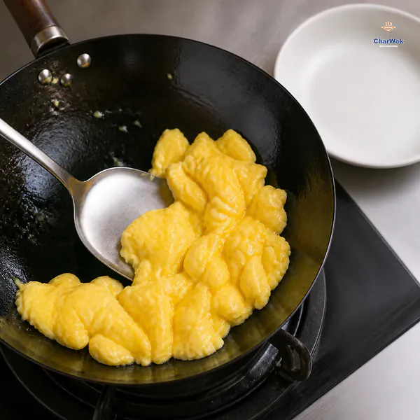 Large glossy golden egg curds are pushed together with a wok spatula beside an empty white plate while still moist but nearly set
