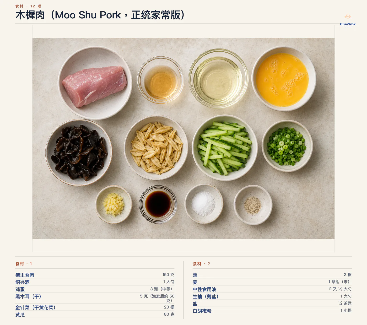 木樨肉(Moo Shu Pork,正统家常版)完整食材俯拍平铺图
