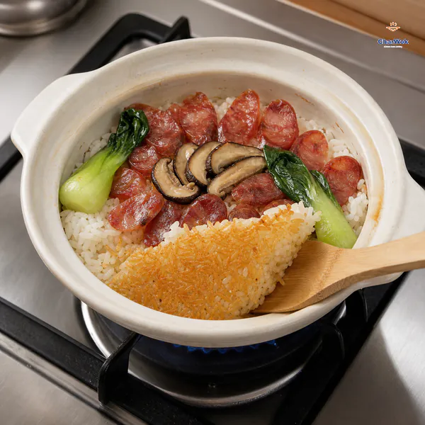 A wooden spatula lifts a thin evenly golden sheet of crisp rice from beneath Chinese sausage, shiitake and bok choy in a clay pot over a low blue flame