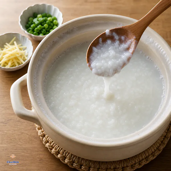 A wooden spoon lifts milky congee with partly broken rice grains while a thin layer of rice slurry coats the inside edge of a ceramic pot