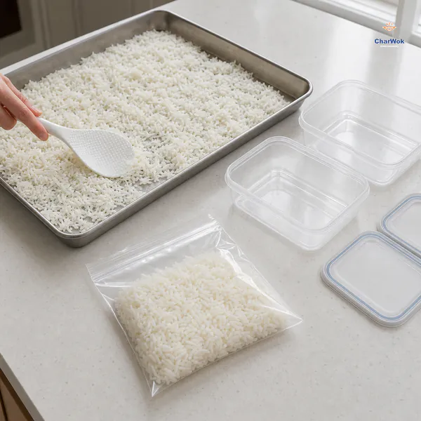 Cooked long-grain rice is spread in a thin layer across a shallow metal tray beside two clean shallow containers and one flat meal-size freezer bag