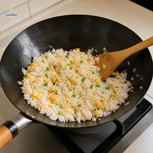 Dry separate long-grain rice, golden egg pieces and a little scallion are spread through a black carbon-steel wok with no sauce pooling underneath