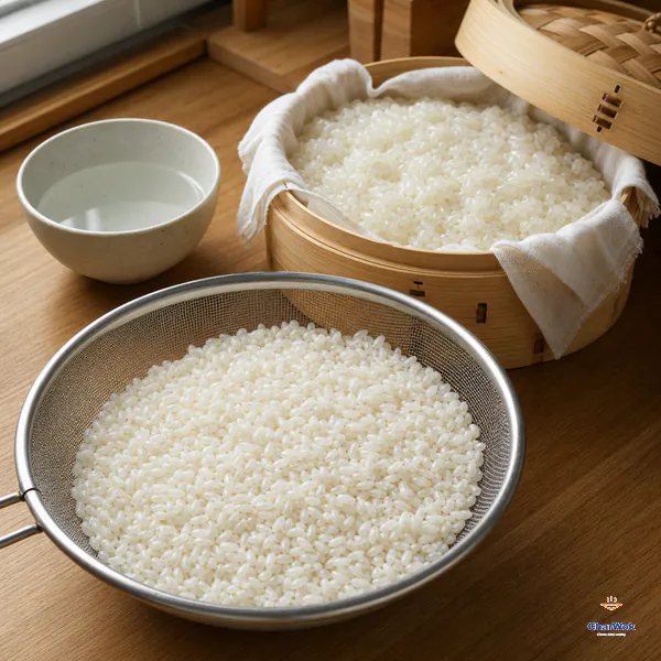 Soaked short oval glutinous-rice grains drain in a fine sieve beside glossy cooked sticky rice in a cloth-lined bamboo steamer