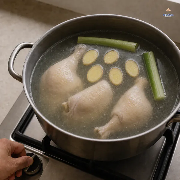 Three skin-on chicken legs poach with exactly five ginger slices and two scallion halves while only tiny bubbles ring the pot
