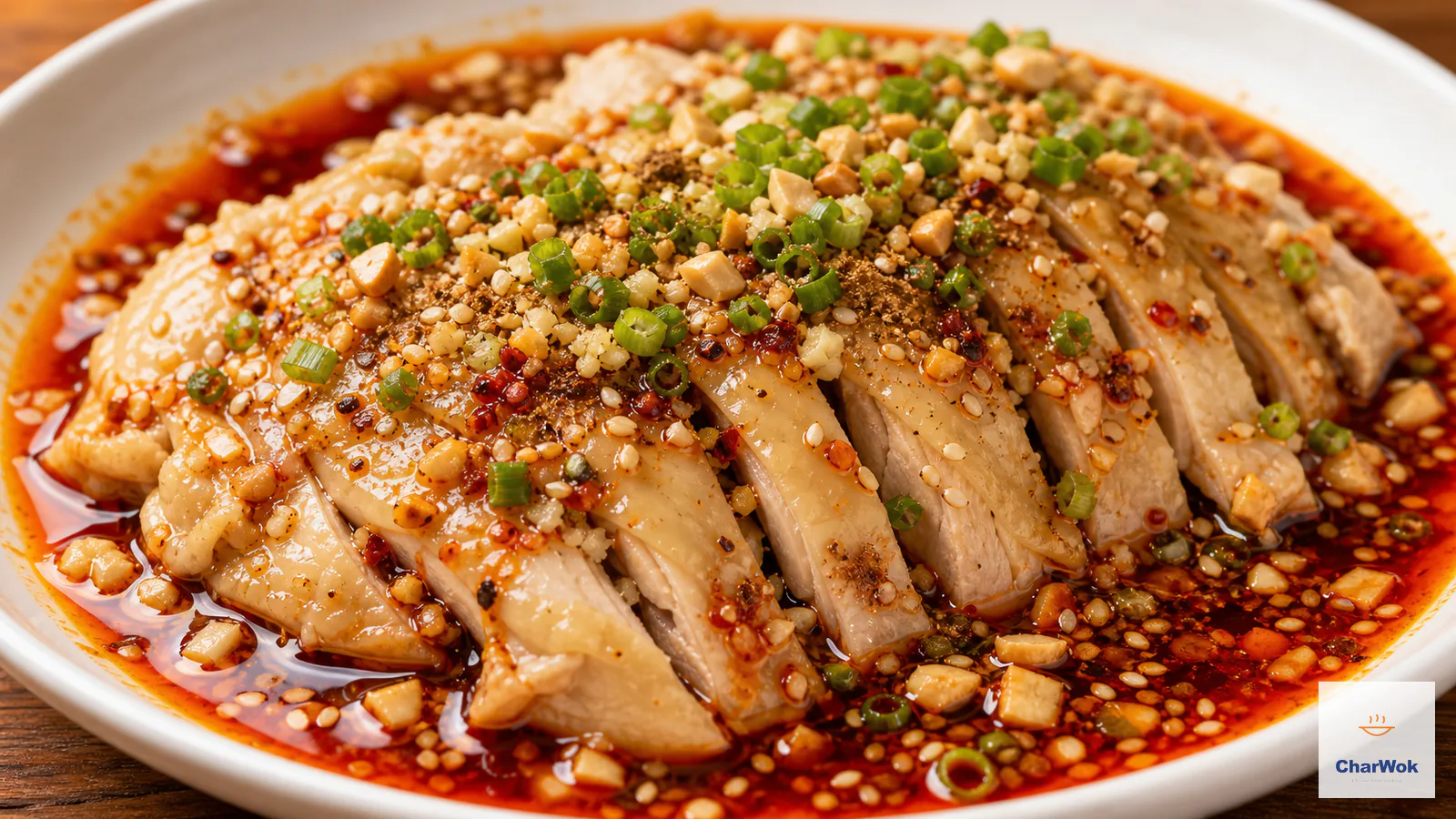 Skin-on poached chicken slices in glossy red chili oil with crushed peanuts, scallions and toasted sesame