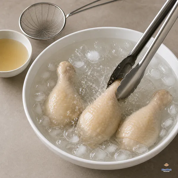 Three cooked skin-on chicken legs are fully chilled among clear ice cubes while tongs press one leg into the water