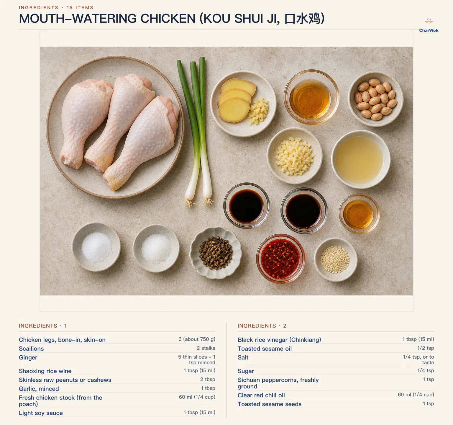 Ingredients for Mouth-watering chicken (Kou Shui Ji, 口水鸡), arranged in a top-down flat lay