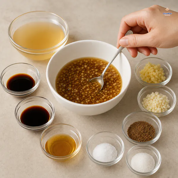 A spoon stirs a light brown sauce with minced ginger and garlic beside strained chicken stock, soy, black vinegar, sesame oil, pepper, salt and sugar