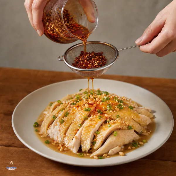 Clear red-orange chili oil flows through a fine mesh onto sliced chicken while the dark chili sediment remains in the strainer