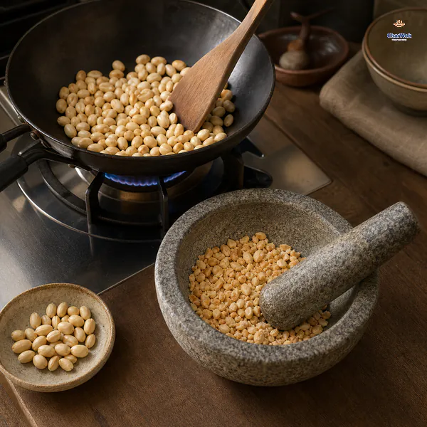Skinless peanuts develop pale golden spots in a dry wok beside a mortar holding cooled, coarsely crushed peanuts