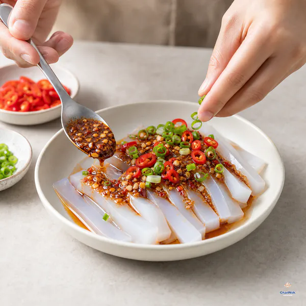 Reddish-brown sauce with minced garlic and chili oil is spooned over translucent jelly ribbons as scallion and fresh red chili are scattered on top